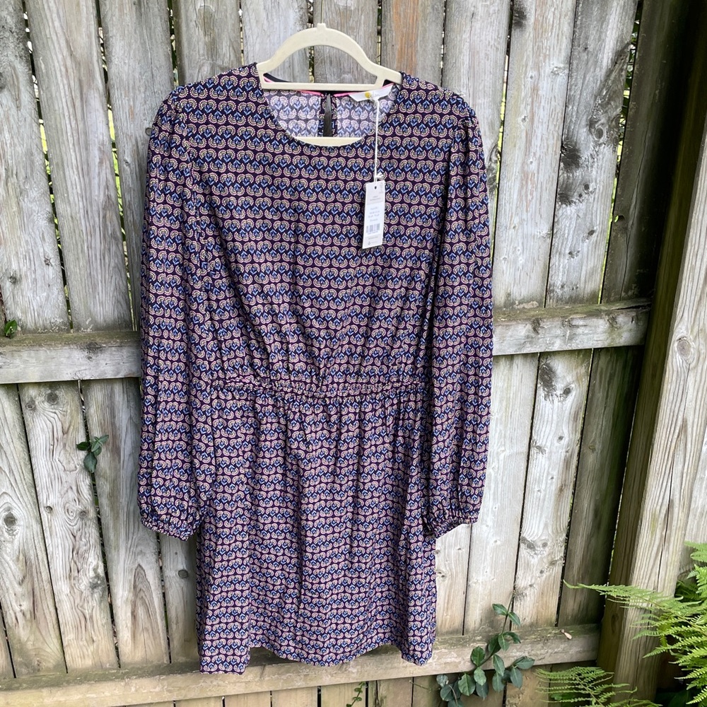 Boden NWT Crew Neck Dress Long Sleeve floral elastic waist pockets D0402 12R 12